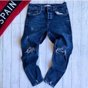 ZARA Distressed Dark Blue Jeans - Ripped Knee Denim